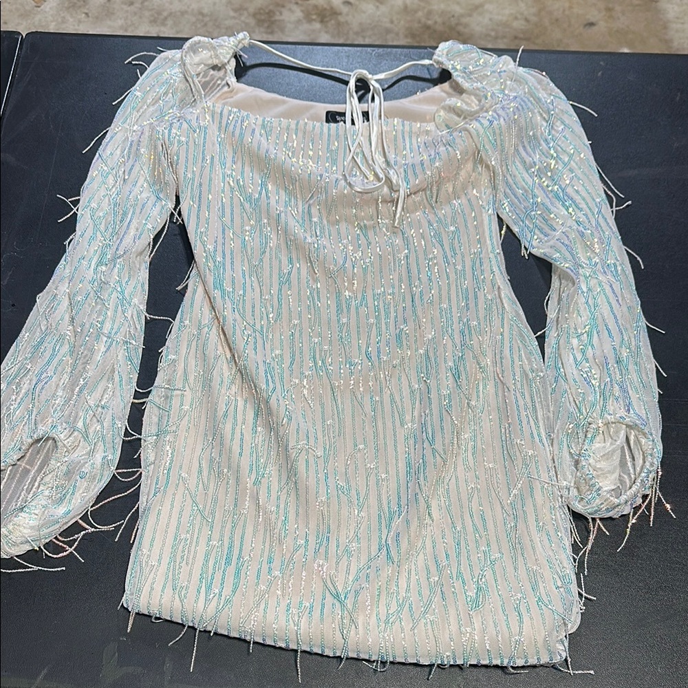- Sequin Long Sleeve Mini Dress - White, Cream, and Blue
